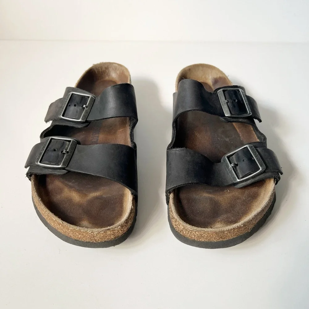 Birkenstock Arizona Sandals 43 Black Oiled Leather Soft Footbed Slides Mens